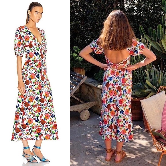 RIXO Floral Print Crepe Short Sleeve V-Neck Tied Cutout Open Back Midi Dress XS - Picture 8 of 16